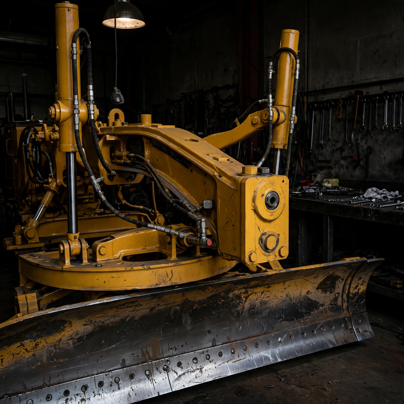 Motor grader component close-up