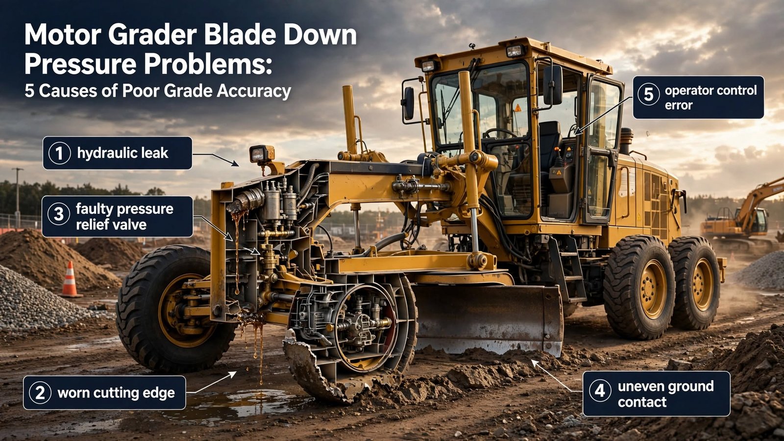 Motor Grader Blade Down Pressure Problems: 5 Causes of Poor Grade Accuracy Motor Grader Blade Down Pressure Problems: 5 Causes of Poor Grade Accuracy